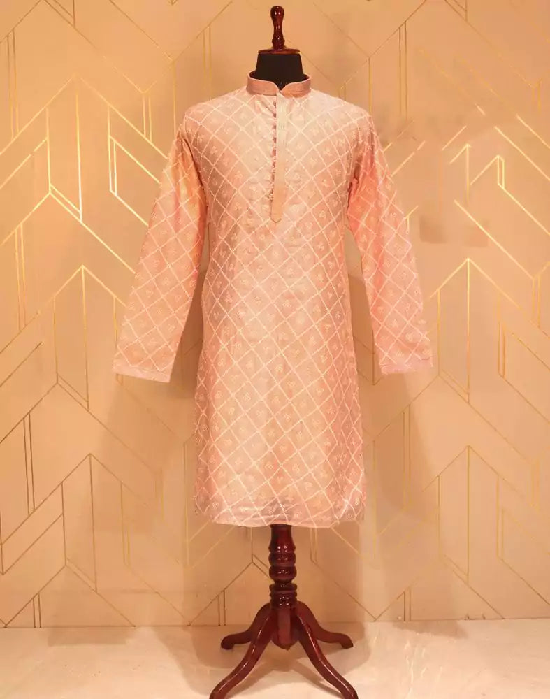 Image of Peach Geometric Mica Print Paper Silk Kurta Pyjama Set