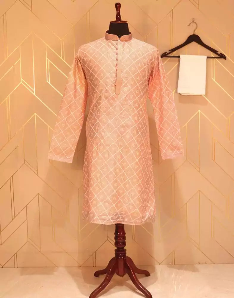 Image of Peach Geometric Mica Print Paper Silk Kurta Pyjama Set