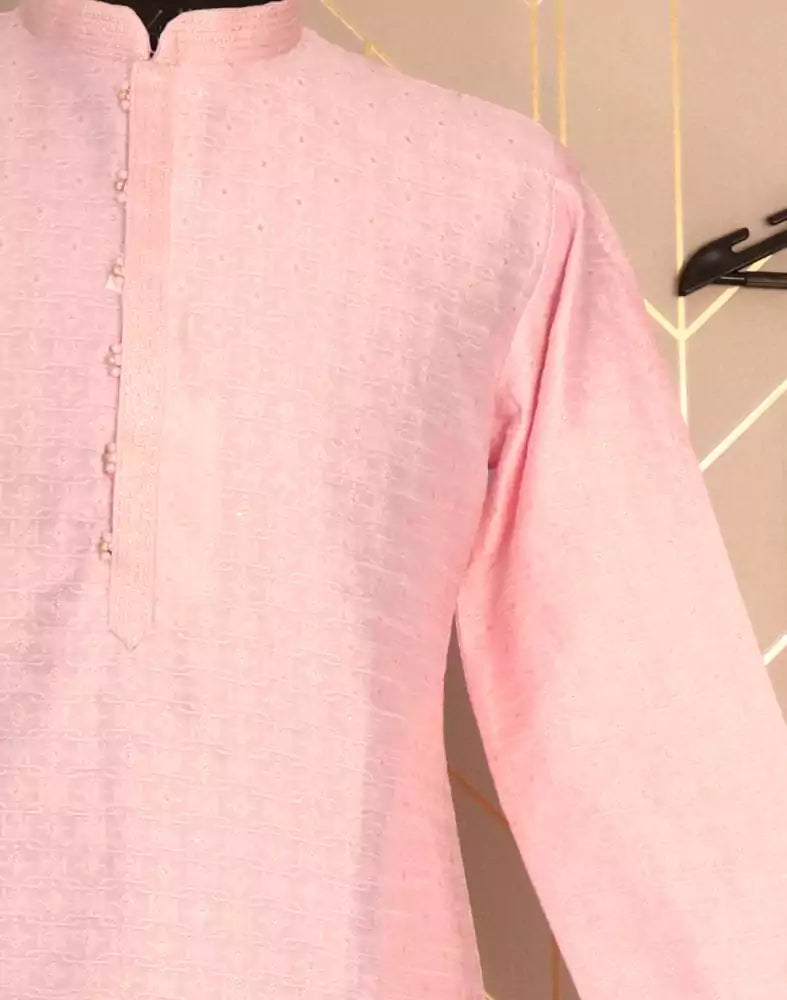 Image of Pink Colour Self Design Jacquard Weave Kurta Pyjama Set