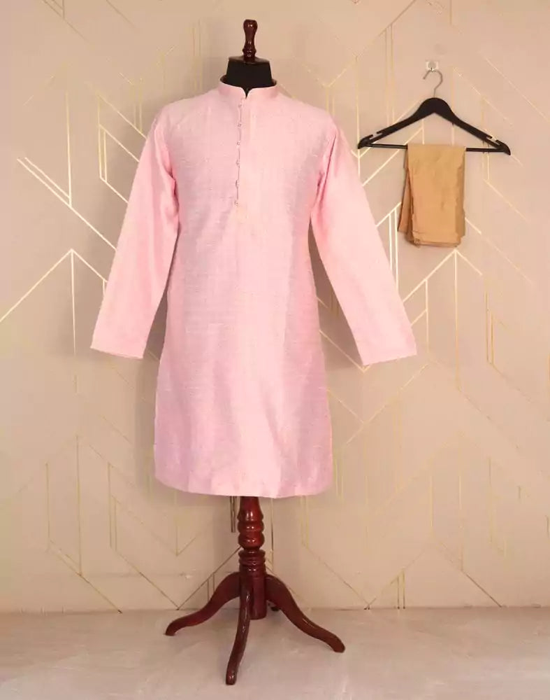 Image of Pink Colour Self Design Jacquard Weave Kurta Pyjama Set