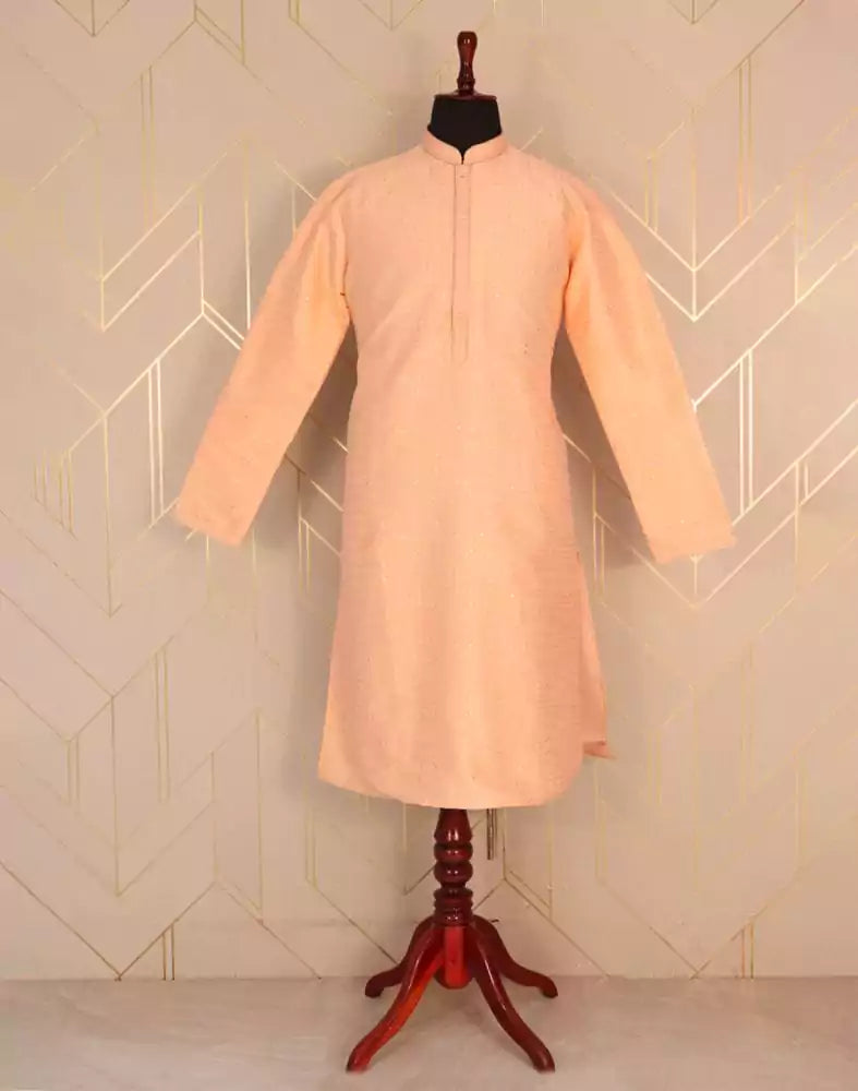 Image of Peach Self Design Jacquard Weave Kurta Pyjama Set
