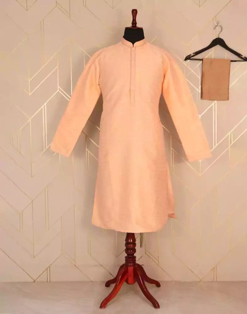 Image of Peach Self Design Jacquard Weave Kurta Pyjama Set