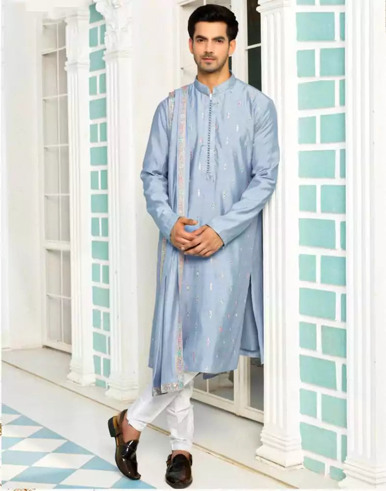 Image of Traditional Grey Coloured Embroidery work Kurta Pyjama Set with Dupatta