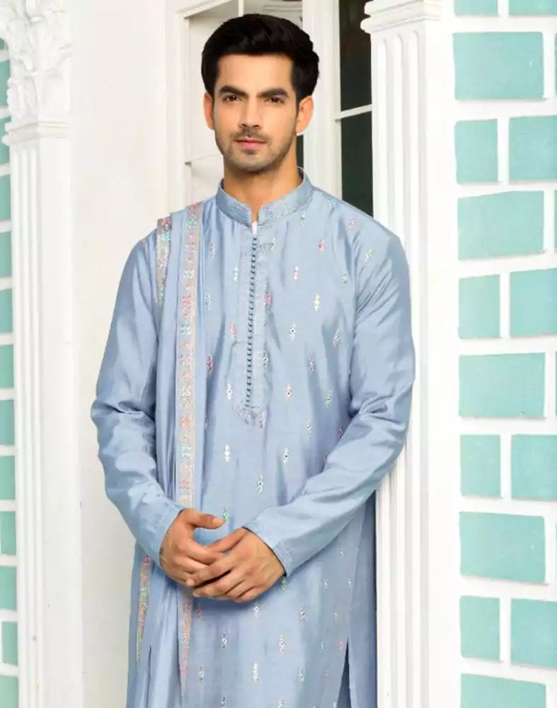 Image of Traditional Grey Coloured Embroidery work Kurta Pyjama Set with Dupatta