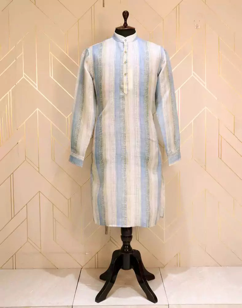 Image of Sky Blue Coloured Cotton Kurta Pyjama Set
