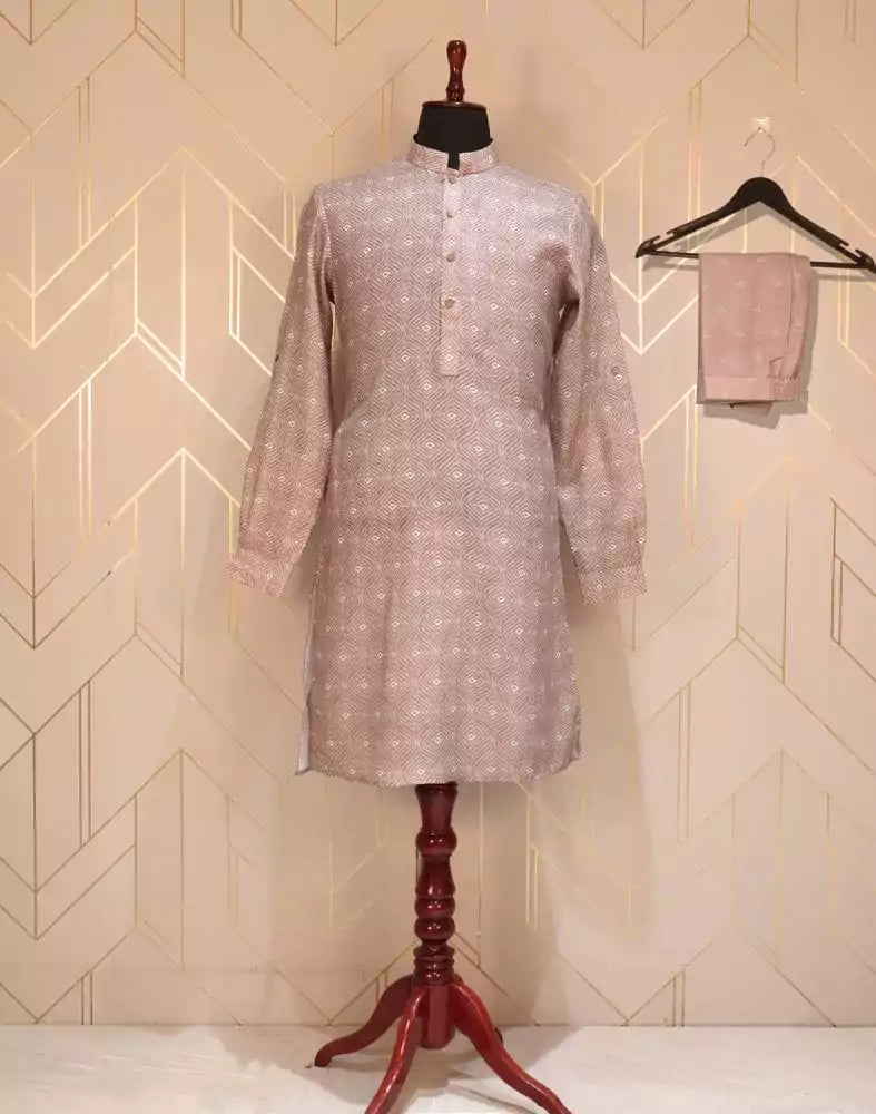 Image of Brown Geometric Glaxo Cotton Printed Kurta Pyjama Set