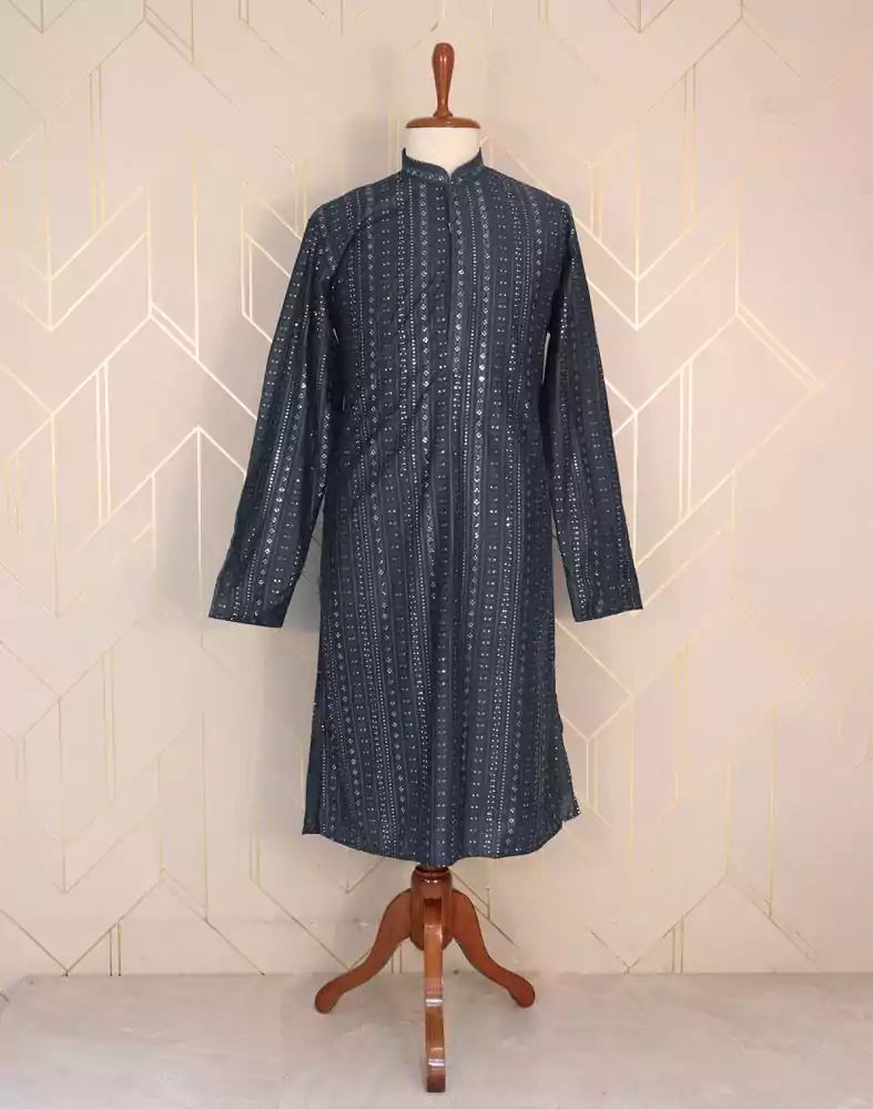 Image of Blue Striped Raw Silk Embellished work Kurta Pyjama Set