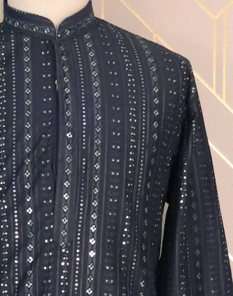 Image of Blue Striped Raw Silk Embellished work Kurta Pyjama Set