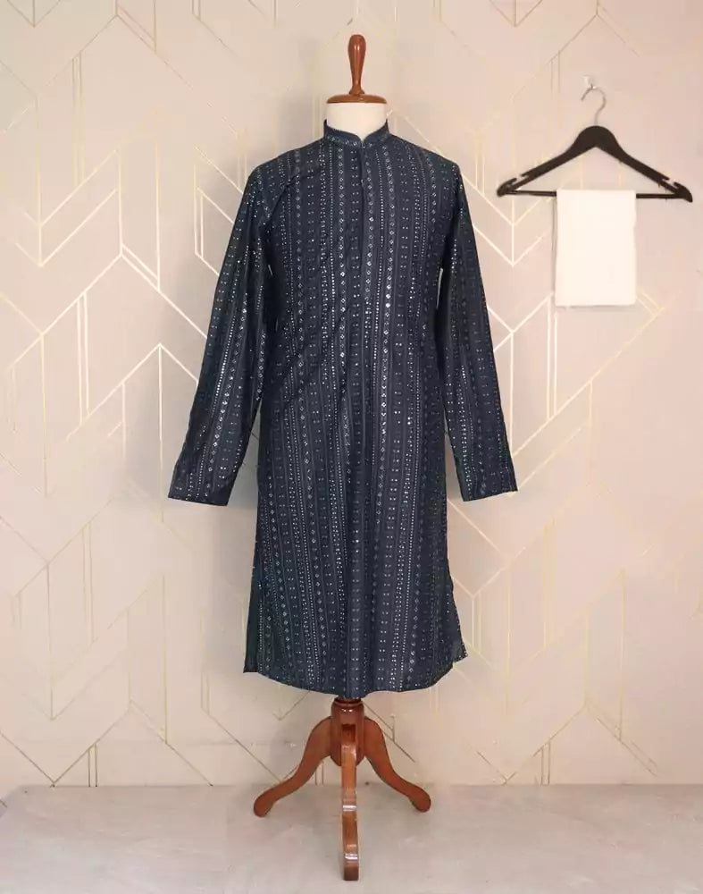 Image of Blue Striped Raw Silk Embellished work Kurta Pyjama Set