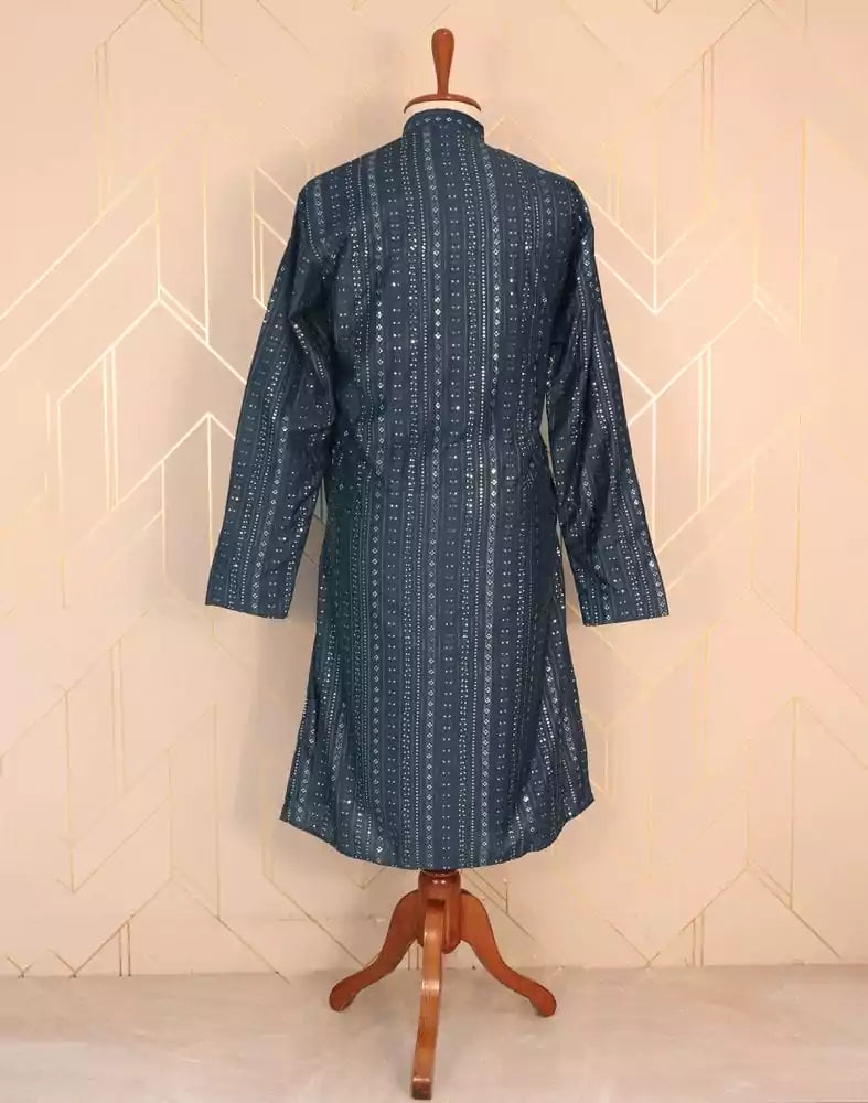 Image of Blue Striped Raw Silk Embellished work Kurta Pyjama Set