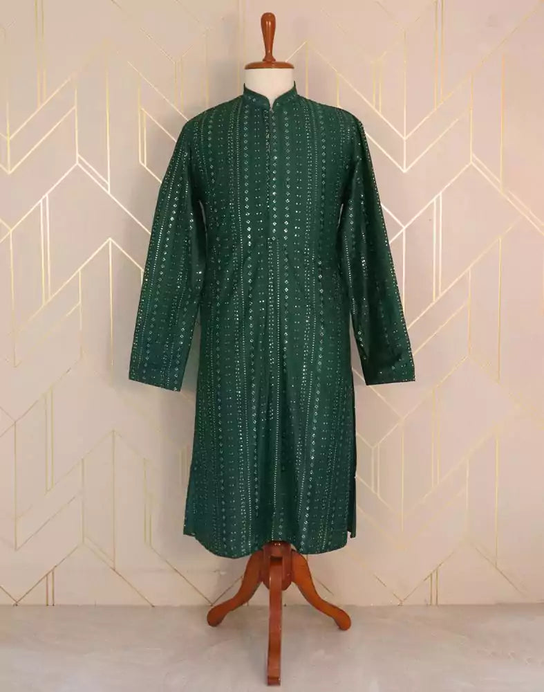 Image of Dark Green Striped Raw Silk Embellished work Kurta Pyjama Set
