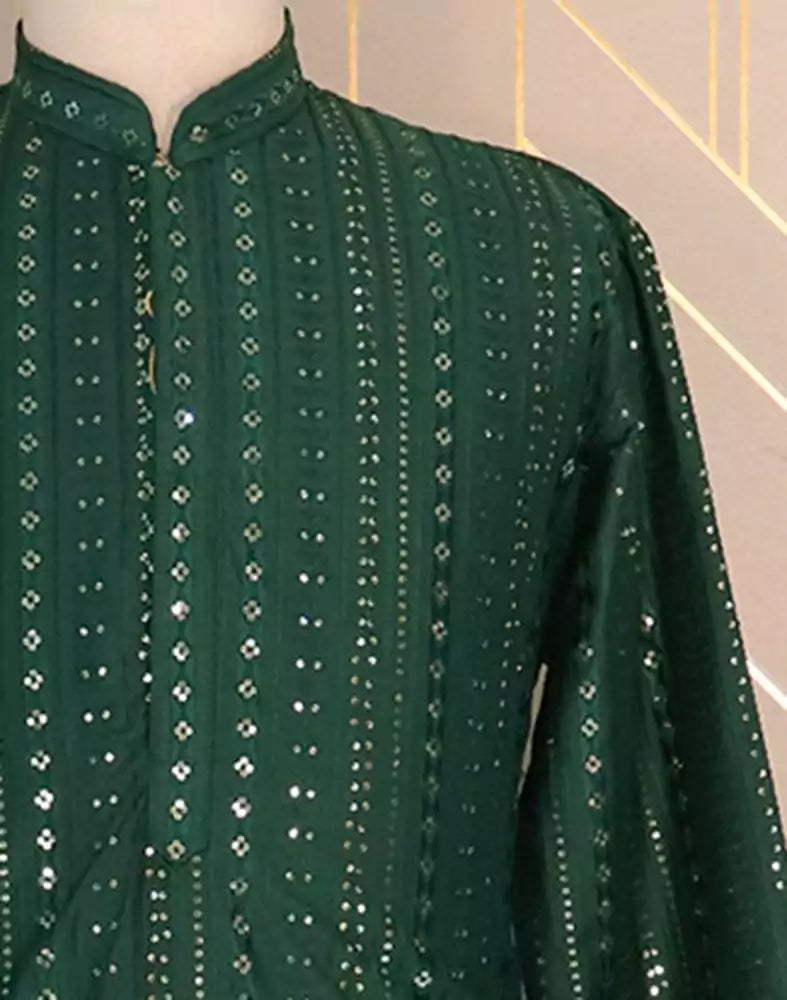 Image of Dark Green Striped Raw Silk Embellished work Kurta Pyjama Set