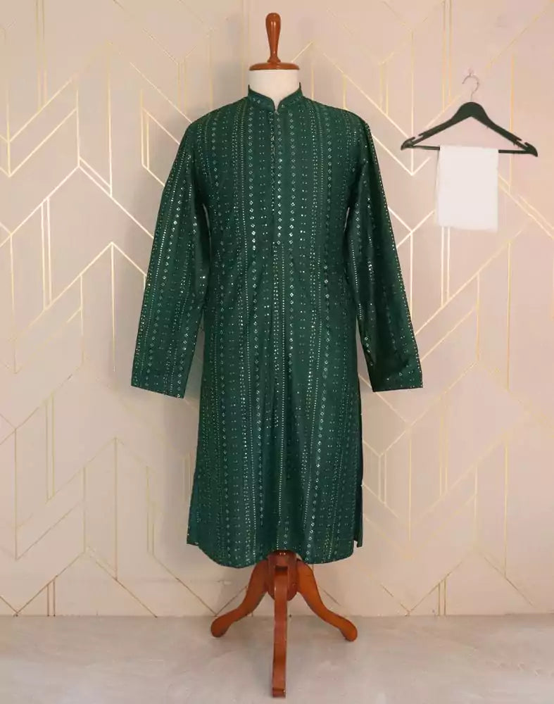 Image of Dark Green Striped Raw Silk Embellished work Kurta Pyjama Set