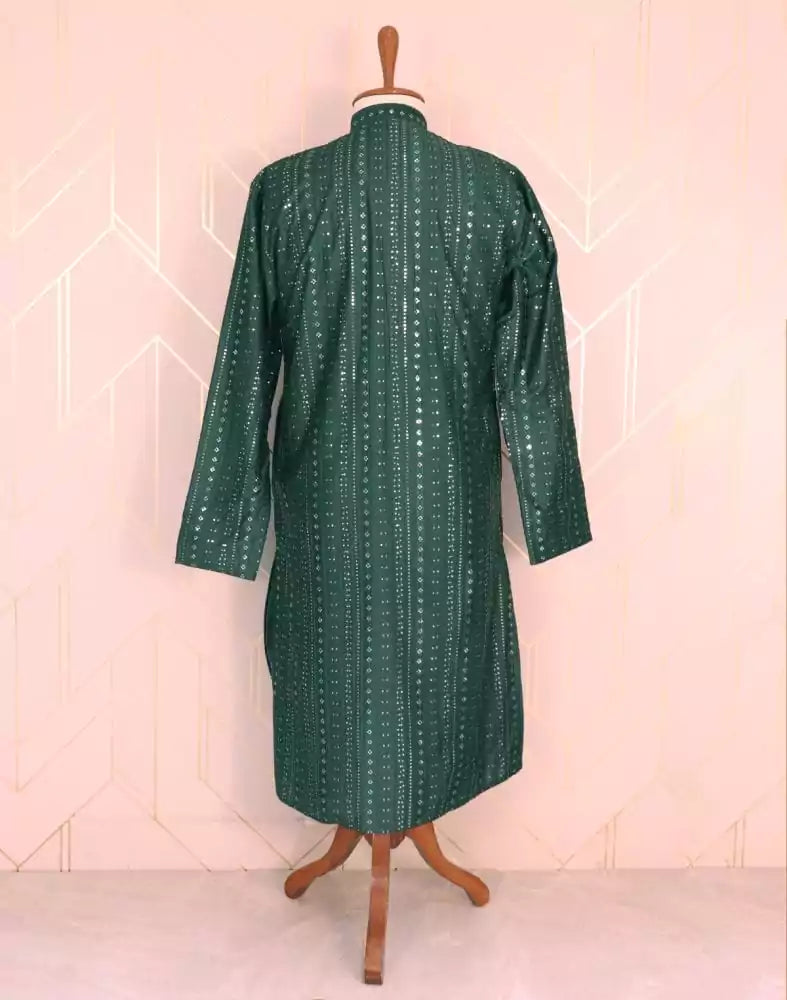 Image of Dark Green Striped Raw Silk Embellished work Kurta Pyjama Set