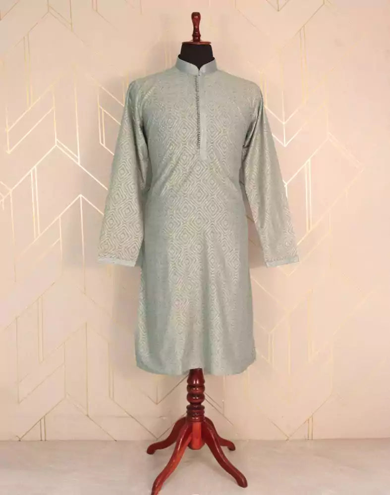 Image of Grey Geometric Mica Print Cotton Kurta Pyjama Set