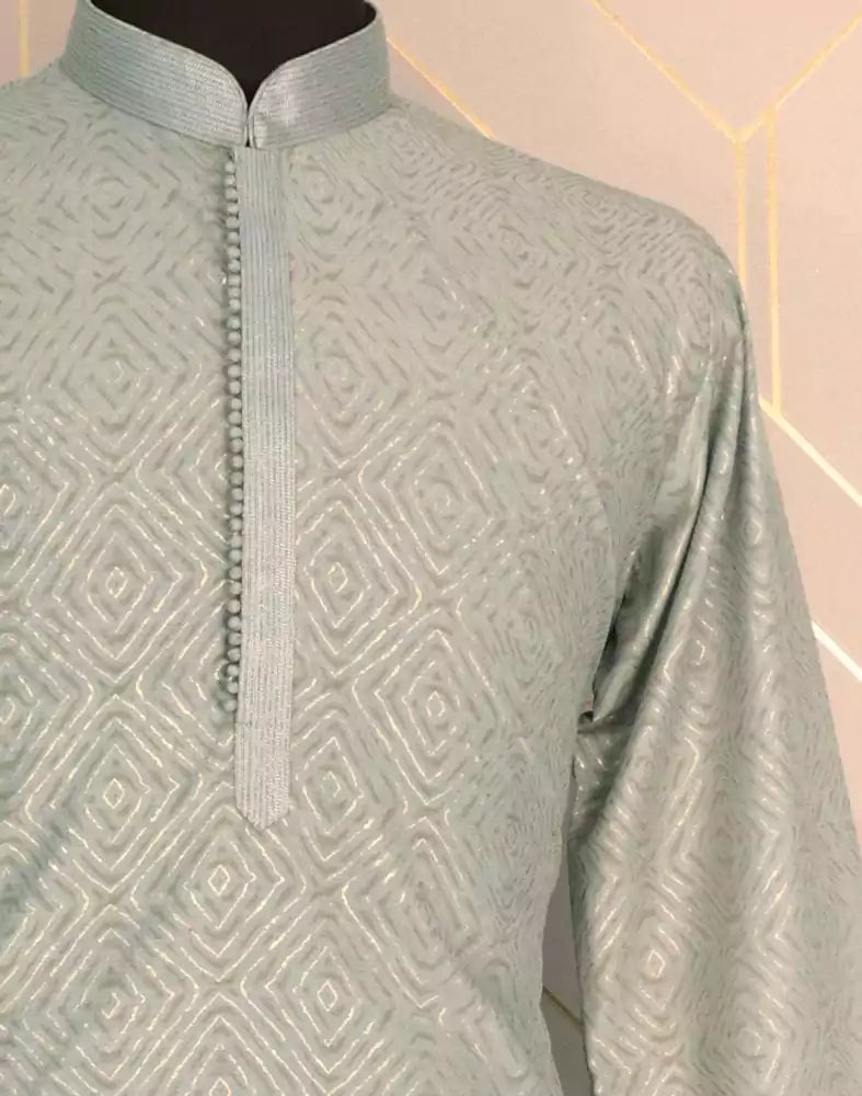 Image of Grey Geometric Mica Print Cotton Kurta Pyjama Set
