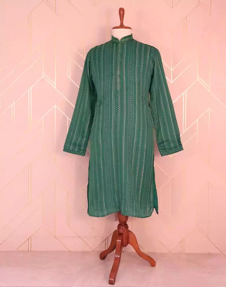 Image of Green Striped Mica Print Raw Silk Kurta Pyjama Set