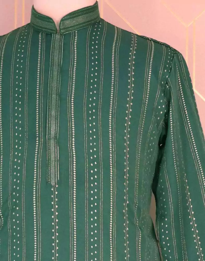 Image of Green Striped Mica Print Raw Silk Kurta Pyjama Set