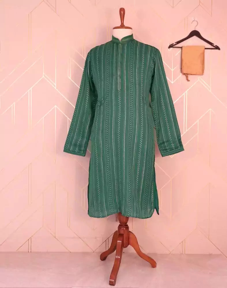 Image of Green Striped Mica Print Raw Silk Kurta Pyjama Set