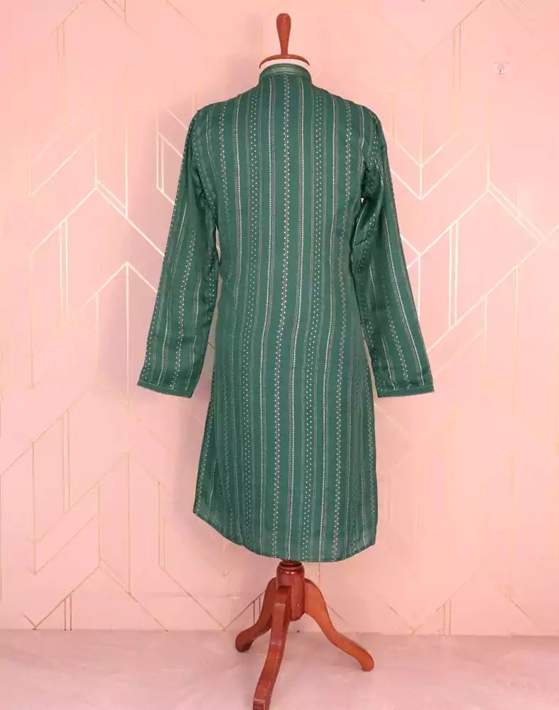 Image of Green Striped Mica Print Raw Silk Kurta Pyjama Set