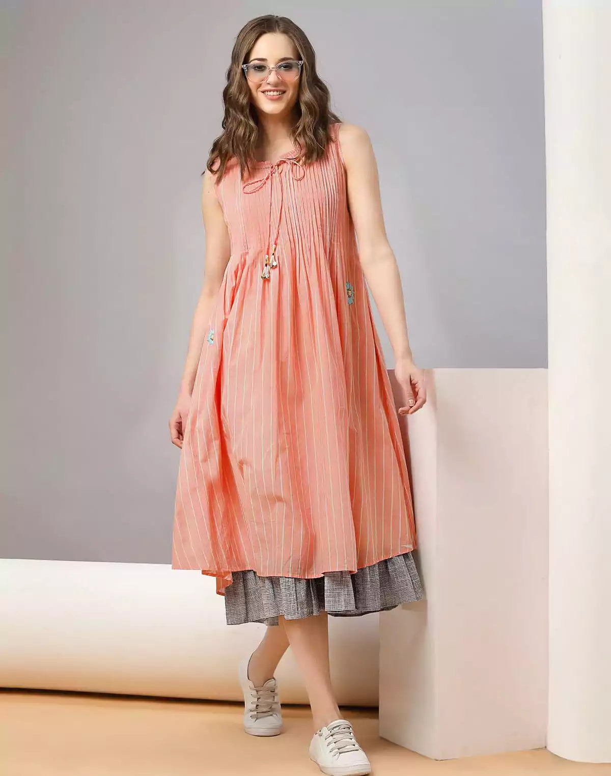 Image of Peach Colour Cotton Party Wear Kurti