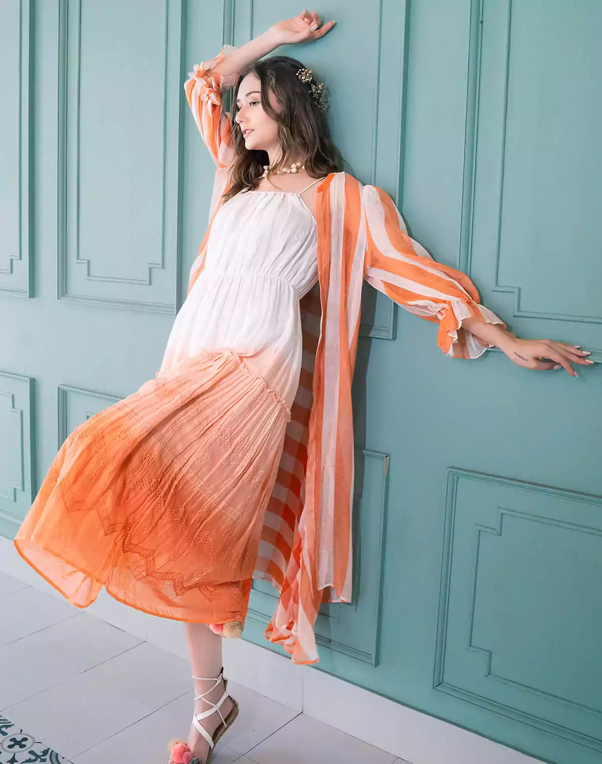 Image of Amazing Orange Cotton Dress with Shrug