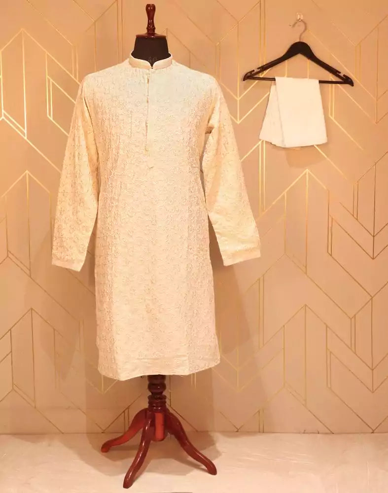 Image of Cream Floral Chikankari Work Cotton Kurta Pyjama Set