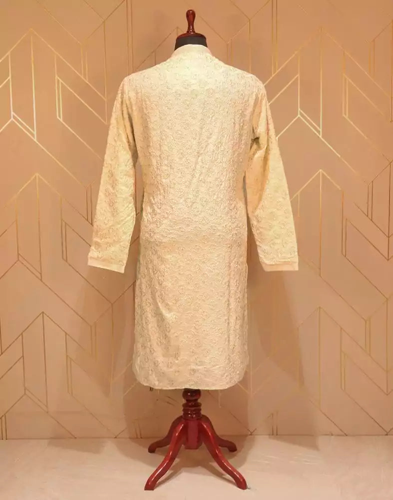 Image of Cream Floral Chikankari Work Cotton Kurta Pyjama Set