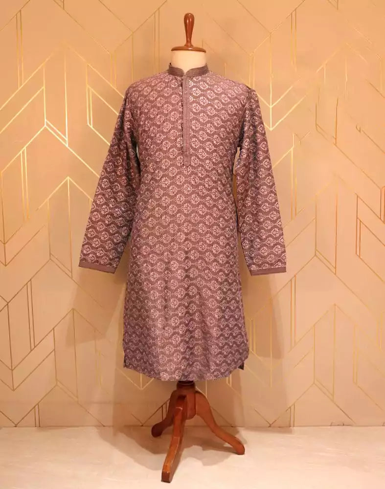 Image of Light Pink Floral Chikankari Work Lucknowi Kurta Pyjama Set