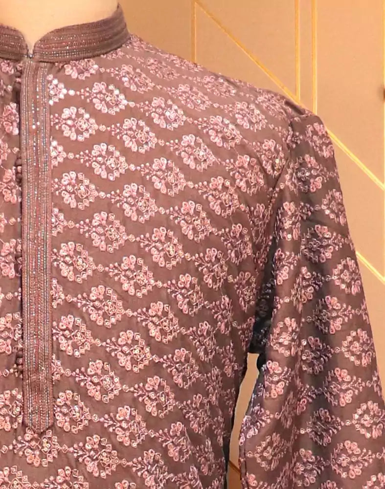 Image of Light Pink Floral Chikankari Work Lucknowi Kurta Pyjama Set