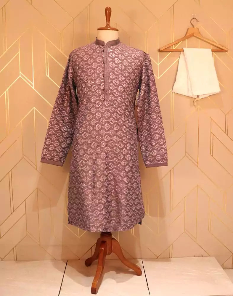Image of Light Pink Floral Chikankari Work Lucknowi Kurta Pyjama Set
