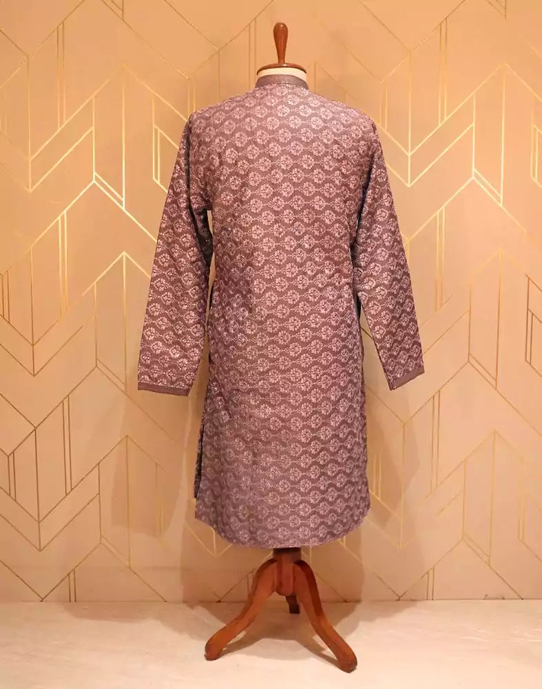 Image of Light Pink Floral Chikankari Work Lucknowi Kurta Pyjama Set