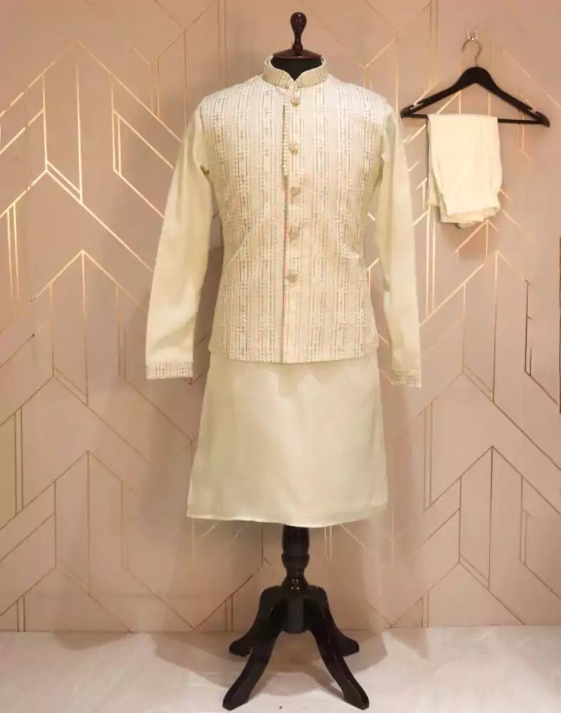 Image of White Embellished Work Cotton Silk Kurta Jacket Set