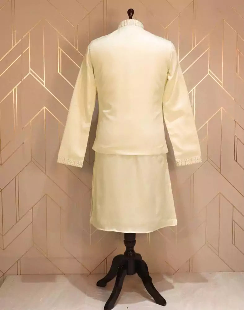 Image of White Embellished Work Cotton Silk Kurta Jacket Set