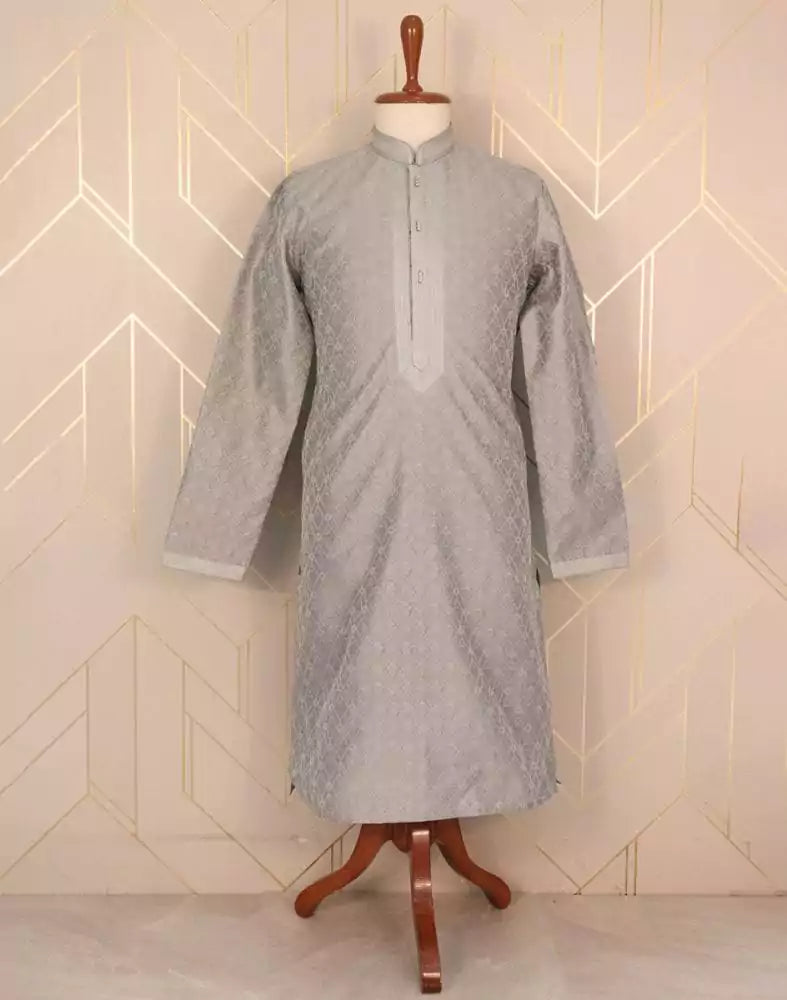 Image of Grey Self Design Jacquard Weave Kurta Pyjama Set