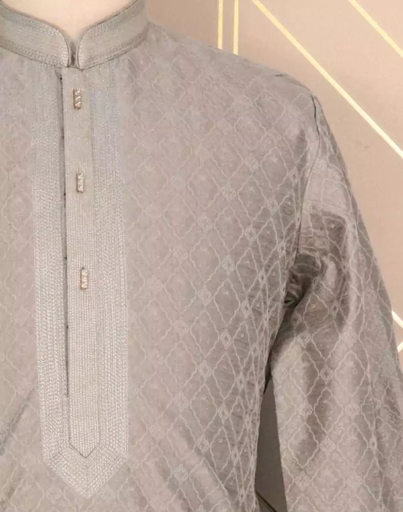 Image of Grey Self Design Jacquard Weave Kurta Pyjama Set