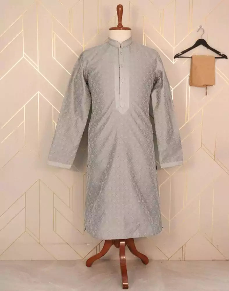 Image of Grey Self Design Jacquard Weave Kurta Pyjama Set