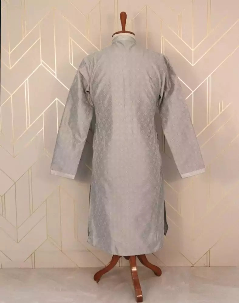 Image of Grey Self Design Jacquard Weave Kurta Pyjama Set