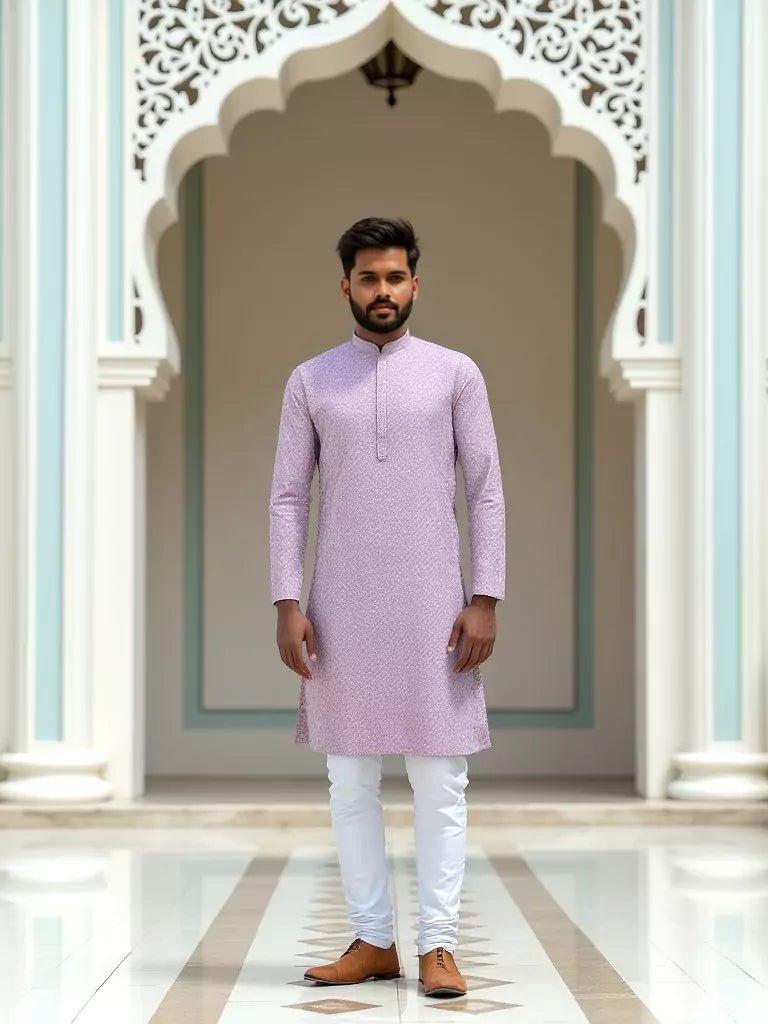 Image of Lavender All Over Self Design Lucknowi Thread and Embroidery Kurta Pyjama Set - South India Shopping Mall