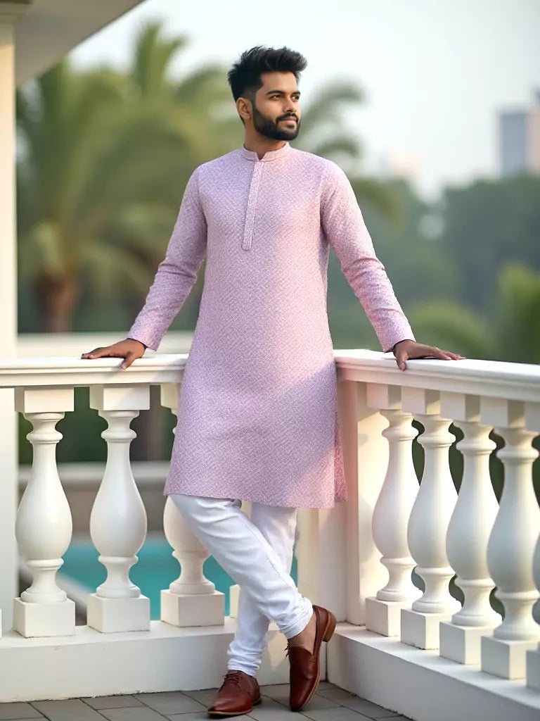 Image of Lavender All Over Self Design Lucknowi Thread and Embroidery Kurta Pyjama Set - South India Shopping Mall