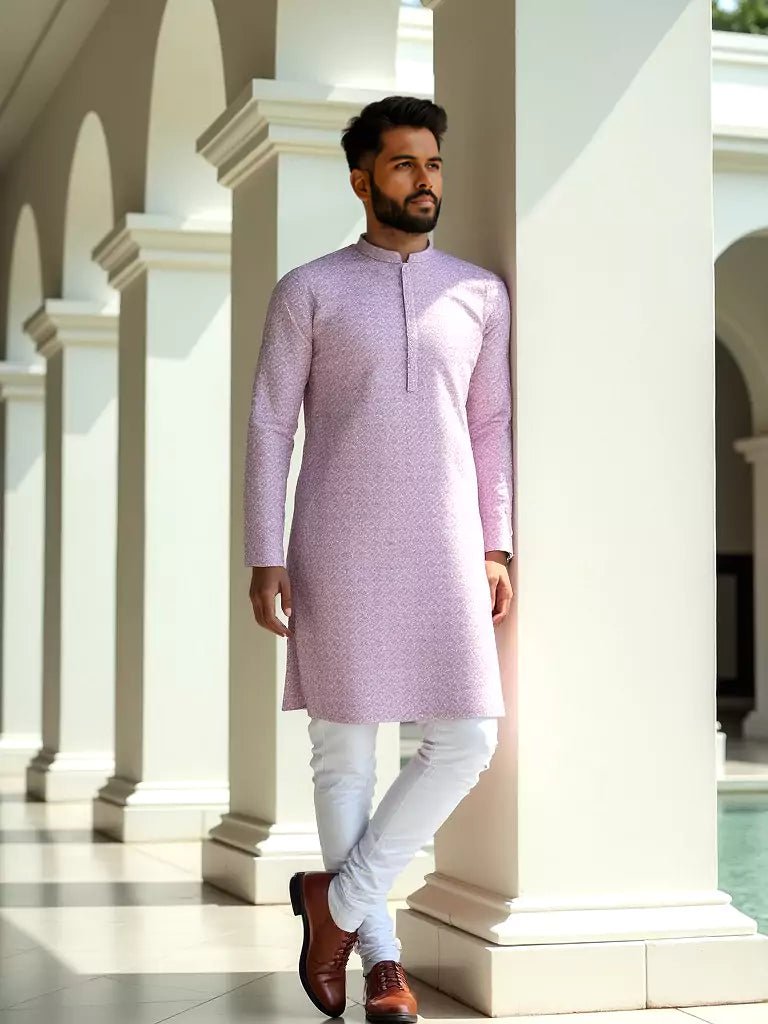 Image of Lavender All Over Self Design Lucknowi Thread and Embroidery Kurta Pyjama Set - South India Shopping Mall