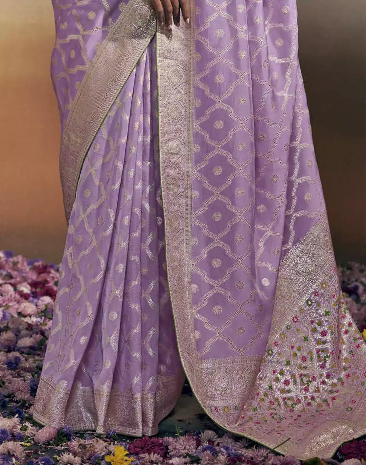 Image of Lavender Floral Pure Dola Silk Saree With Designer Blouse - South India Shopping Mall