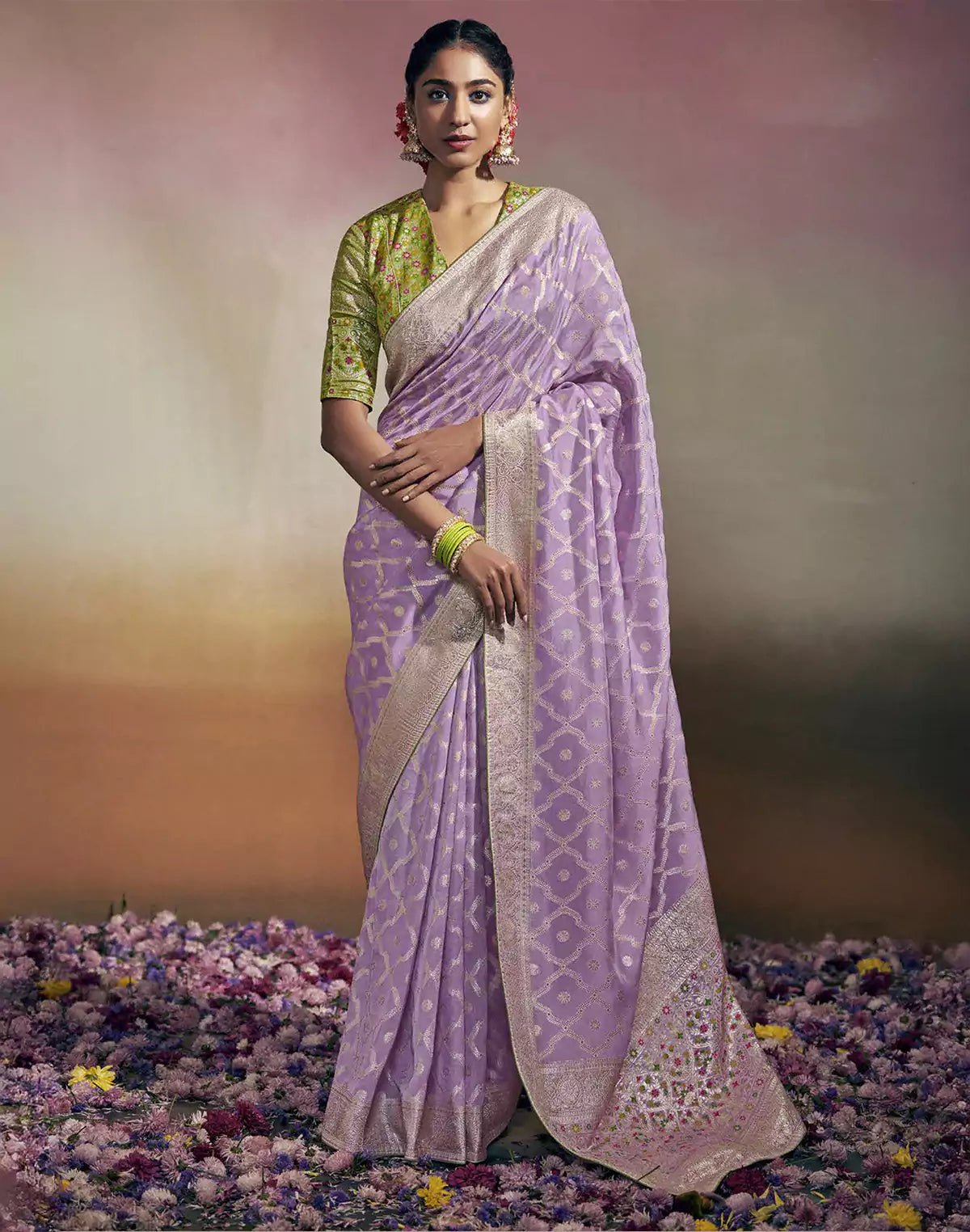 Image of Lavender Floral Pure Dola Silk Saree With Designer Blouse - South India Shopping Mall