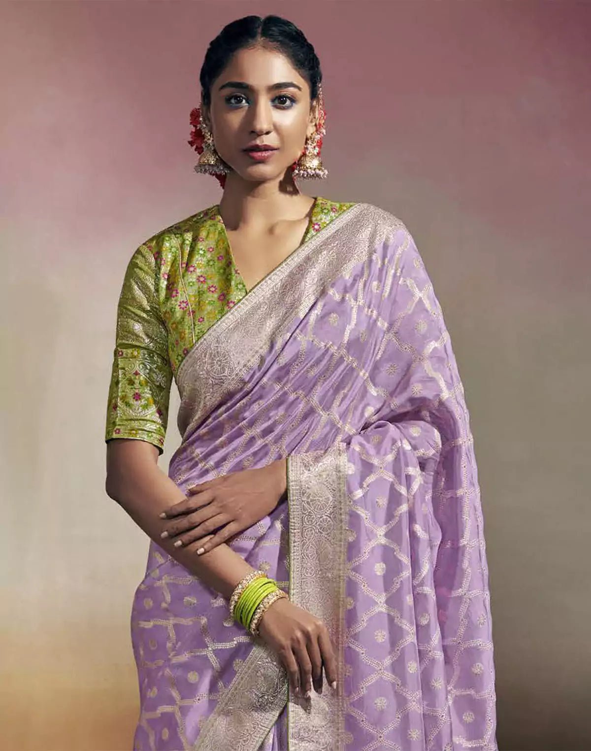 Image of Lavender Floral Pure Dola Silk Saree With Designer Blouse - South India Shopping Mall