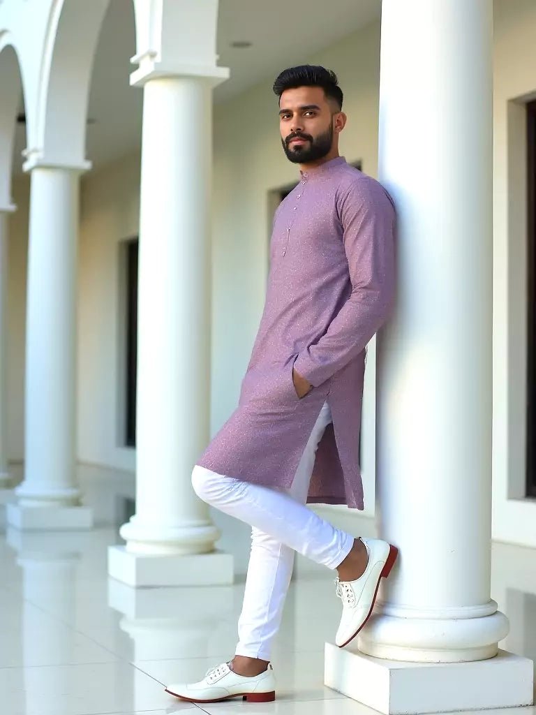 Image of Lavender Geometric Print Cotton Regular Fit Kurta Set - South India Shopping Mall