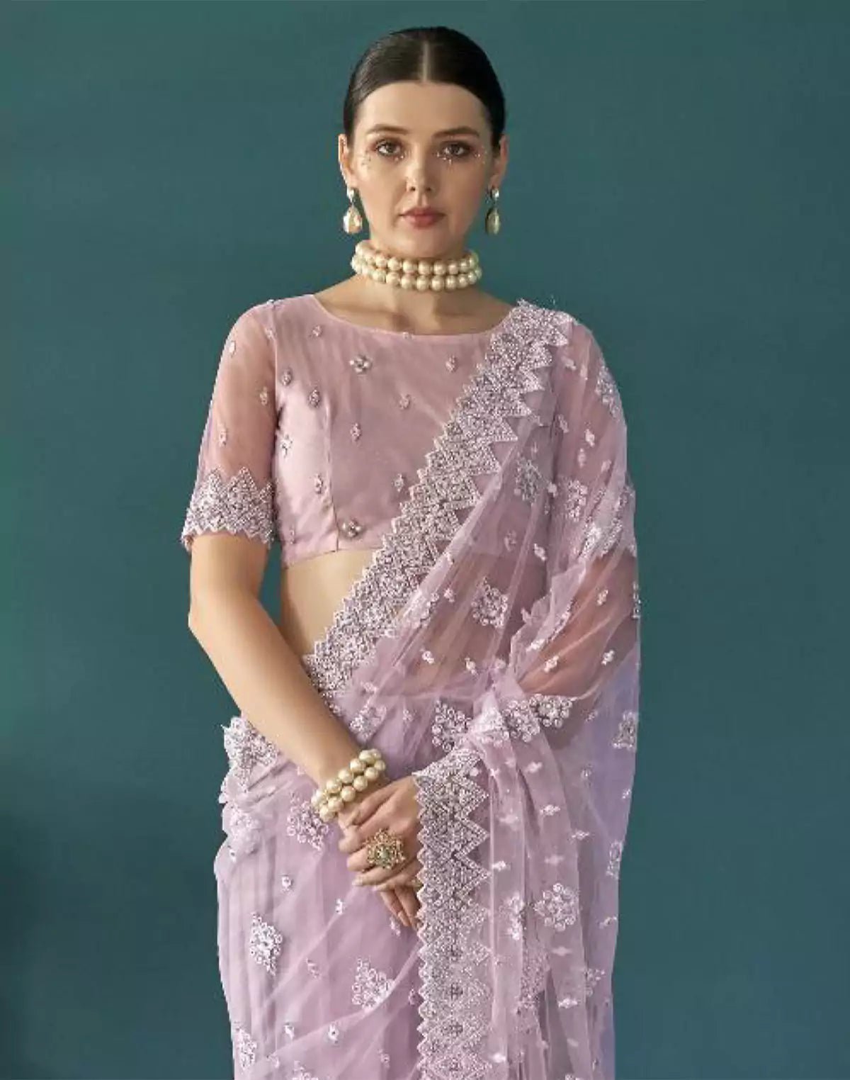 Image of Lavender Party Wear Floral Embroidery Work Netted Saree With Designer Blouse - South India Shopping Mall