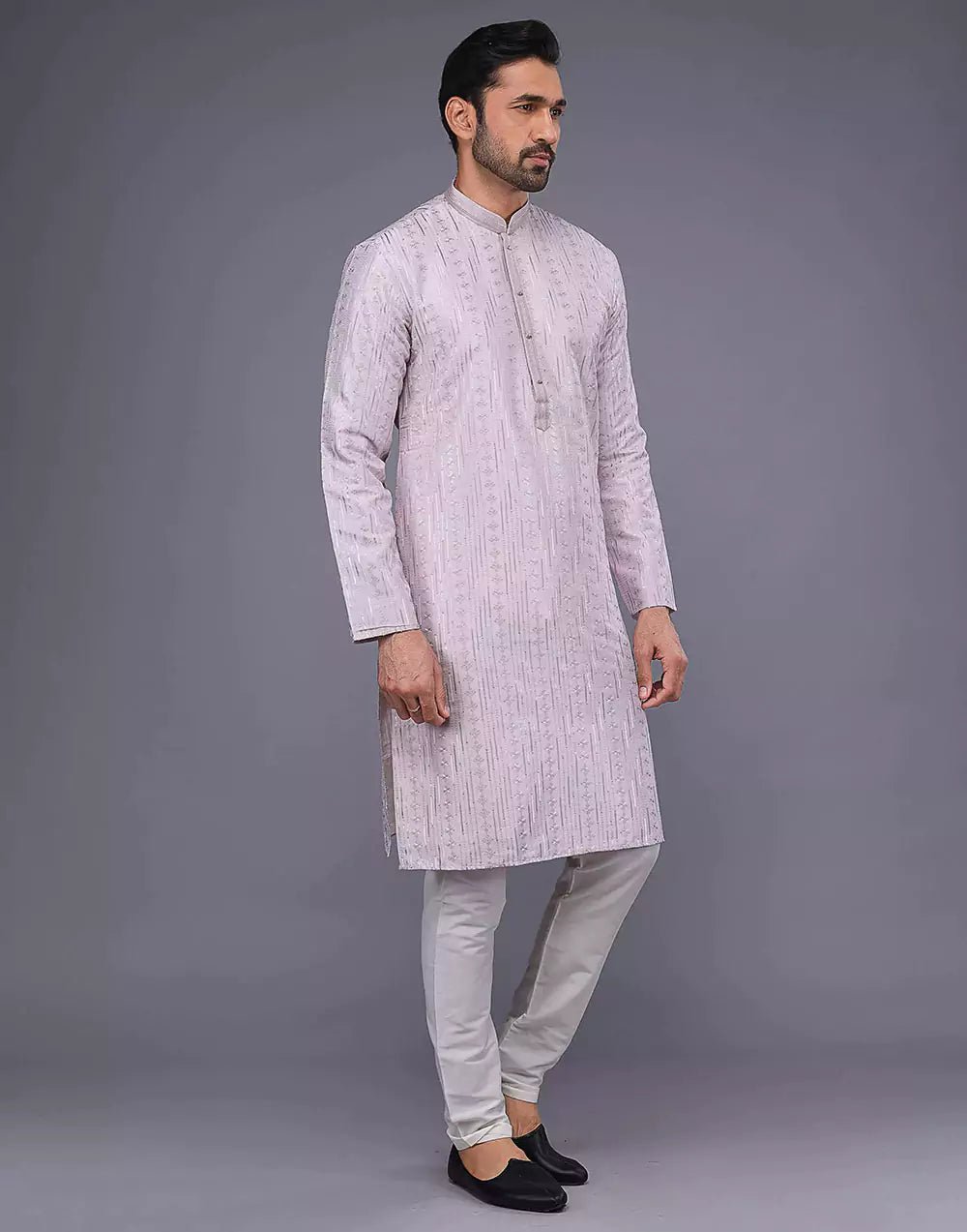 Image of Lavender Self Floral Embroidery With Embellished Work Kurta Set - South India Shopping Mall
