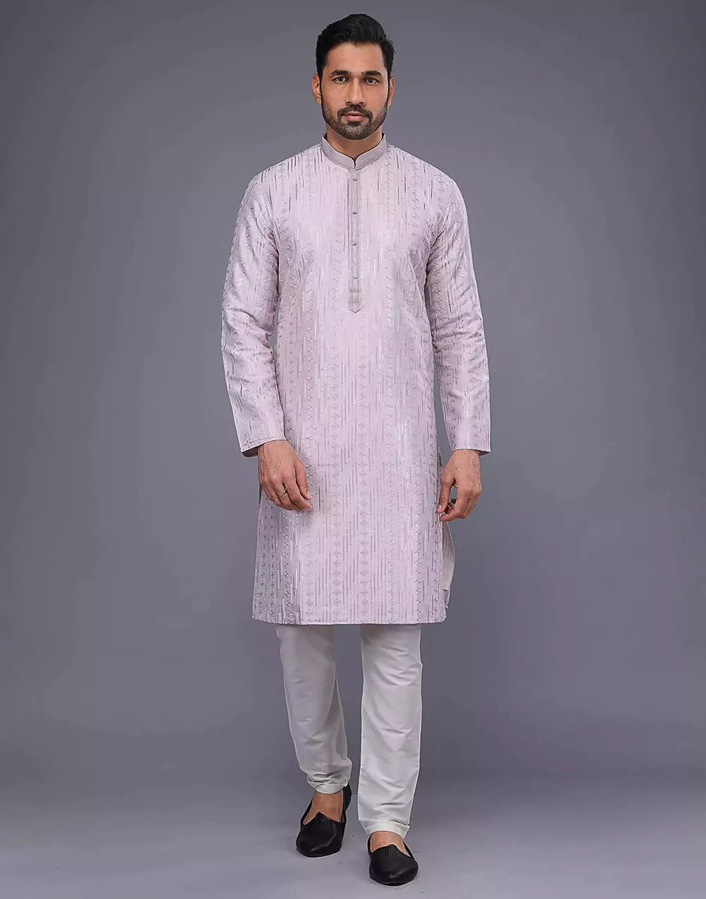 Image of Lavender Self Floral Embroidery With Embellished Work Kurta Set - South India Shopping Mall