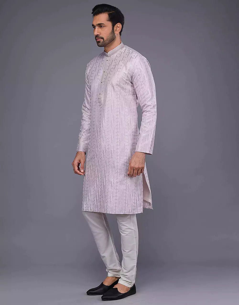 Image of Lavender Self Floral Embroidery With Embellished Work Kurta Set - South India Shopping Mall