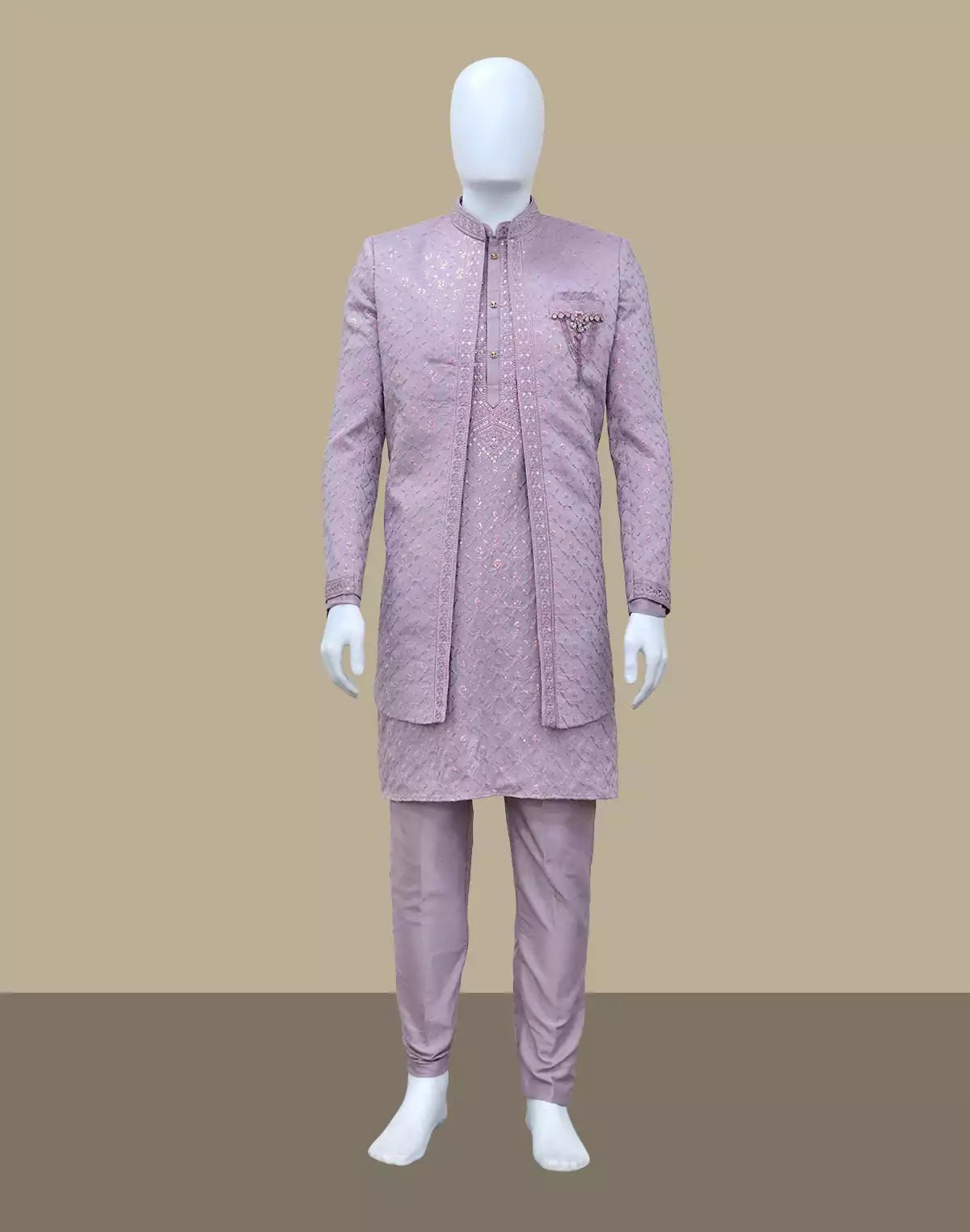 Image of Lavender Sequinned Layered Milky Silk Indo Open Jacket Set - South India Shopping Mall